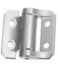Close-up of a heavy-duty metal cabinet door hinge with damping cylinder and mounting plates