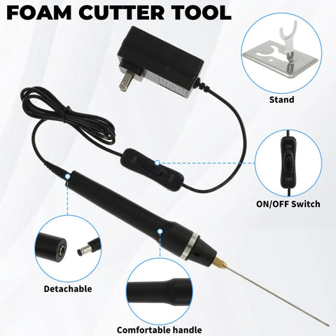3-In-1 Hot Wire Foam Cutter Kit with detachable tip, comfortable handle, stand, and on/off switch for DIY Styrofoam crafts.