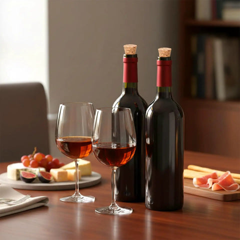 Two wine bottles with Natural Cork Stoppers Set For Glass Bottles 36 Pieces With Six Handy Sizes on a table next to wine glasses.