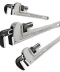 Aluminum Pipe Wrench Set For 10 Inch 14 Inch And 18 Inch Pipes With 1 Inch 2 Inch And Two And A Half Inch Jaw Capacity Lightweight Straight Plumbing Wrenches For Easy Grip And Durable Pipe Repairs, showing three wrenches of different sizes.