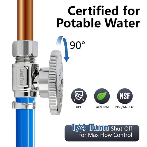 Built Tough Heavy Duty Chrome Plated Brass Straight Stop Valve One Half Inch PEX To Three Eighths Inch Compression Quarter Turn Shut Off Valve