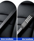 Premium Two Pack Seat Belt Shoulder Pads For Your Daily Driver Crafted From Tough Carbon Fiber Leather And Styled With A Classic Usa Flag Patch showing before and after installation.