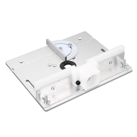 Heavy Duty Aluminum Router Lift System Kit With Precision Table Insert Plate For Woodworking Shops Built Rock Solid And Rust Proof Super Smooth Height Adjustment Shop Ready Upgrade, showing the precision table insert plate and angle gauge.