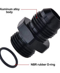 Heavy Duty Hella Badass Slick Black 6AN Flare To AN6 ORB Male Fuel Line Adapter Fitting Made Of 6061 Aluminum Rated 1500 PSI close-up.