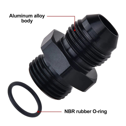 Heavy Duty Hella Badass Slick Black 6AN Flare To AN6 ORB Male Fuel Line Adapter Fitting Made Of 6061 Aluminum Rated 1500 PSI close-up.
