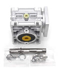 NMRV-030 worm gearbox speed reducer for NEMA23 flange motors, 80:1 ratio, Argentate finish, includes mounting kit and hardware.