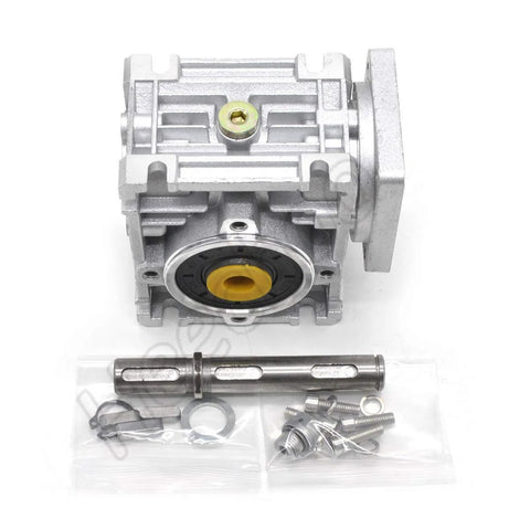 NMRV-030 worm gearbox speed reducer for NEMA23 flange motors, 80:1 ratio, Argentate finish, includes mounting kit and hardware.