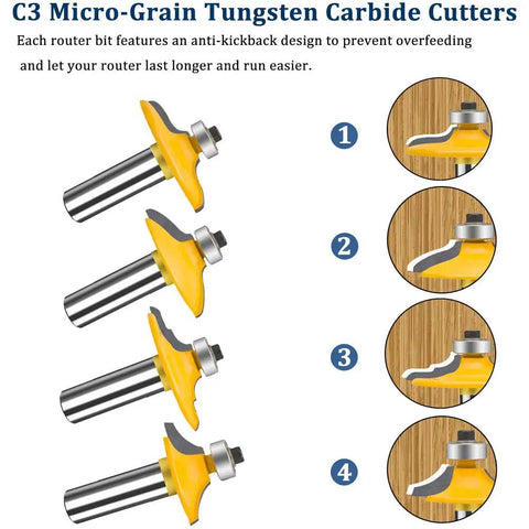 12 Inch Shank Router Bit Set For Doors And Drawers Edging, 4 Piece Pro Miter Carbide CNC Woodworking Bits For Cabinets Rails And Stiles, Includes Storage Box