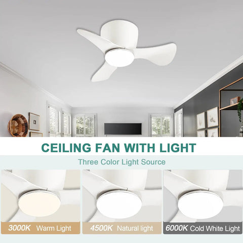 Small Ceiling Fan With Light Low Profile Flush Mount 3 Reversible Blades Matte Black 6 Speeds Quiet Motor 22 X 22 X 7.8 Inches Ideal For Kitchen Bedroom Dining Room Indoor Outdoor Patio Three Color Options displayed with warm, natural, and cold white light settings in a modern room.