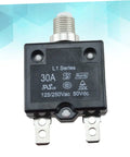 Front view of automotive circuit breaker 50V 15A overload protector for cars boats and RVs resettable fuse with three eighths inch mounting hole
