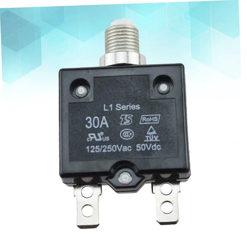 Front view of automotive circuit breaker 50V 15A overload protector for cars boats and RVs resettable fuse with three eighths inch mounting hole