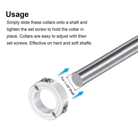 Four Pack Double Split Clamp-On Shaft Collar For 1-1/8 Inch Shaft with set screw next to a metal rod, demonstrates fitting use.