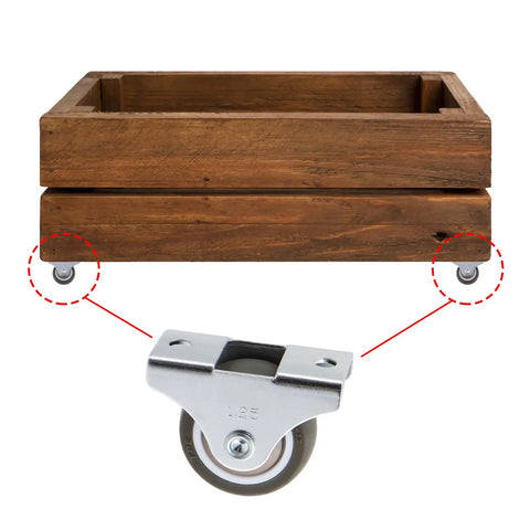 Slick Roll Mini Fixed Caster Wheels 1.26 Inch Ultra Thin Low Profile Sliding Door Casters on wooden storage crate