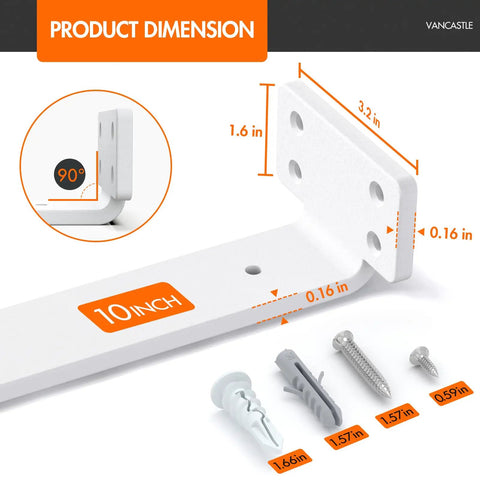 Kickass Heavy Duty Floating Shelf Brackets 10 Inch 6 Pack showing dimensions and included hardware for DIY installation.