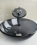 Dope Gray Round Glass Vessel Sink With Waterfall Faucet And Pop Up Drain Above Counter Bathroom Vanity Basin Durable Tempered
