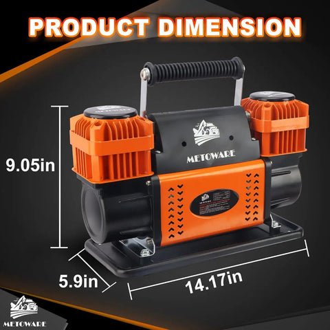 Heavy Duty 12V Portable Air Compressor Featuring A Badass 10.6 CFM Dual Cylinder Pump size dimensions 9.05in x 5.9in x 14.17in.