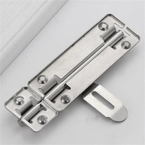 Premium Stainless Steel Sliding Bolt Latch for Outdoor Gates and Barn Doors Heavy Duty Self Closing Slide Bolt Door Catch With Smooth Action Silver Finish 4 Inch Locking Mechanism, close-up view showing the latch mechanism.