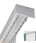 All In One Curtain Pelmet Box With Blackout Double Curtain Track For Ceiling Or Wall Mount, Easy Install Aluminum Rail Cover Box Frame Valance For Windows In Bedroom Or Office, Heavy Duty Dual Rails With Stopper And Pulley For Smooth Operation. ceiling-mounted aluminum dual-rail curtain pelmet box with hooks