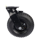 Built Like A Tank Eight Inch Pneumatic Rubber Caster With Rock Solid Side Brake For Smooth Rolling Hotel Luggage Cart Replacement And Tough Universal Swivel Wheel side view of durable black rubber tire with steel mounting plate