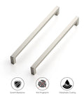 Top view of Two handles from Twenty Pack Ten Inch Square Cabinet Handles For Kitchen Cabinets Top Notch Satin Nickel And Brushed Nickel Hardware Pulls For Cupboards And Drawers With Ten Inch Center To Center Mounting showing oleophobic coating, anti-fingerprint, scratch resistance