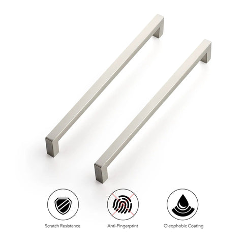 Top view of Two handles from Twenty Pack Ten Inch Square Cabinet Handles For Kitchen Cabinets Top Notch Satin Nickel And Brushed Nickel Hardware Pulls For Cupboards And Drawers With Ten Inch Center To Center Mounting showing oleophobic coating, anti-fingerprint, scratch resistance