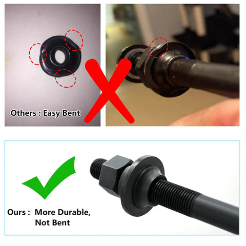Comparison of bike axle durability showing Heavy Duty Bike Quick Release Axle Skewer Set with steel 1045 axles and aluminum release.