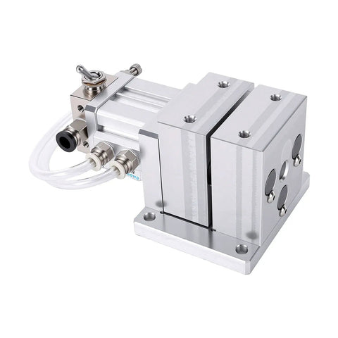 Pneumatic Vise That Clamps Like a Champ With 3mm Stroke 40kg Thrust Aluminum Alloy Air Operated CNC Workholding Tool With Quick Connect Fittings For Drilling Grinding Engraving And Milling Machines, aluminum alloy body with air hoses