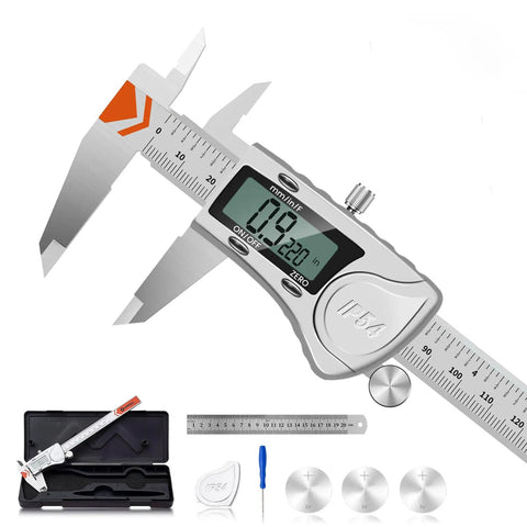 Digital Caliper Built Tough IP54 Waterproof All Stainless Steel With 3 Batteries And Extra Cover Vernier Micrometer Caliper shown with case and batteries.