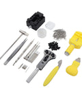 147-Piece Watch Maintenance Kit For DIY Repairs with tools, spring bars, screwdrivers, tweezers, and yellow case opener displayed.
