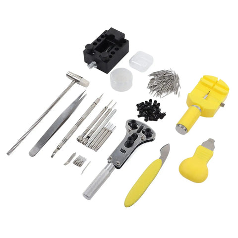147-Piece Watch Maintenance Kit For DIY Repairs with tools, spring bars, screwdrivers, tweezers, and yellow case opener displayed.