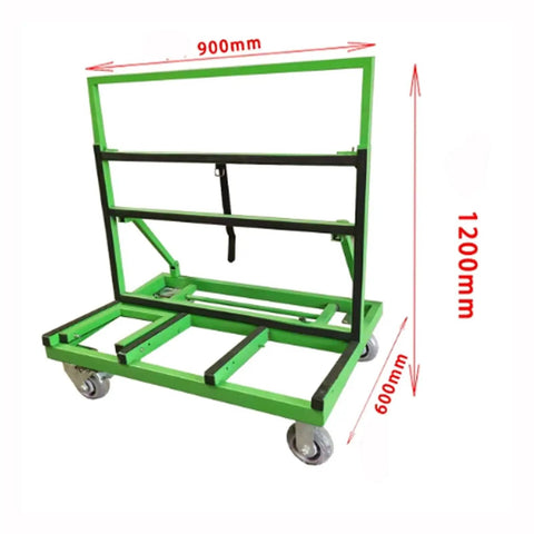 Premium Folding Glass Transport Cart And Heavy Duty Door Window Material Trolley, green steel frame, 900mm wide, 1200mm tall.