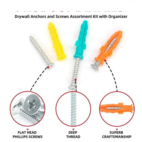 Drywall Anchors and Screws Kit, 240 Pieces With Organizer Box For Easy No Prep Self Drilling Installation, Yellow Zinc Plated Carbon Steel, Rust Resistant Wall Mount Hardware For DIY Projects, assorted anchors and screws
