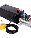 Heavy Duty 12V DC Hydraulic Power Unit With 3HP Pump And 8 Quart Steel Reservoir, black reservoir and motor setup with remote.