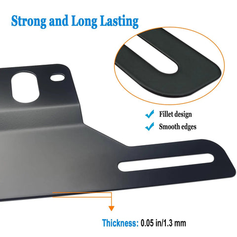 Close-up of Beefed Up Heavy Duty Black Stainless Steel Trailer License Plate Bracket Holder showing fillet design and thickness.