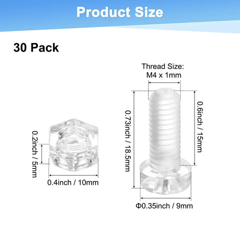 Hella Tough Clear Acrylic Screws And Hex Nuts Kit M6 X 15mm showing dimensions of plastic bolts and nuts suitable for DIY builds.