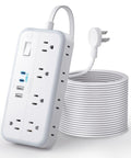 25 Foot Flat Extension Cord Power Strip With Ten Outlets And Four USB Ports Including Two USB C Ports Three Sided 3 Prong And 2 Prong Design Wall Mount Ready Overload Protection Surge Safe White, front view