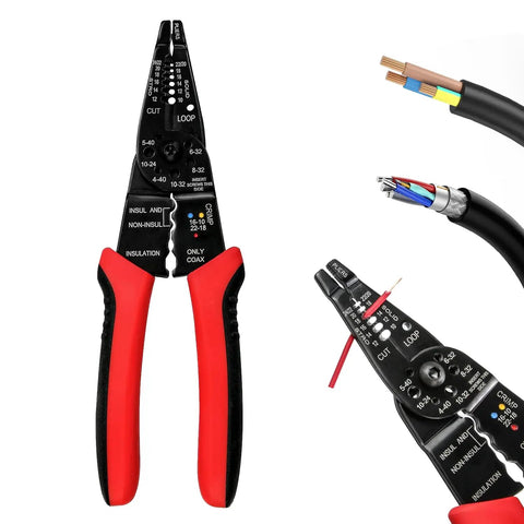 All In One 8 Inch Wire Stripper Cutter Crimping Tool For 10 To 22 AWG Cables With Screw Cutting Feature in action cutting wire