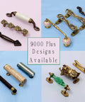 Variety of decorative brass cabinet pulls and handles on display with diverse designs and finishes; 9000 plus designs available.