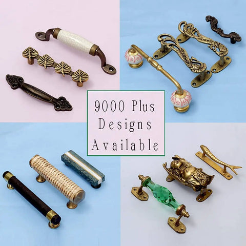 Variety of decorative brass cabinet pulls and handles on display with diverse designs and finishes; 9000 plus designs available.