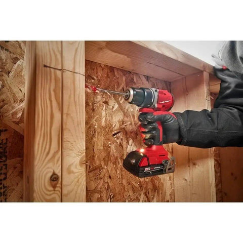 18V Cordless Compact Brushless Drill Driver Kit With Two Batteries Charger And Contractor Bag Heavy Duty Half Inch Chuck Tool For Tight Spaces Job Site Badass Power Control being used to drill into wood.