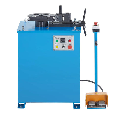 Heavy Duty Electric Pipe Bender Providing No Sweat Bending For Fast Metal Fabrication Featuring Five Precision Steel Dies Auto Manual Operation And Real Deal One Eighty Degree Range For Serious Shop Projects Daily in blue finish with pedal control.