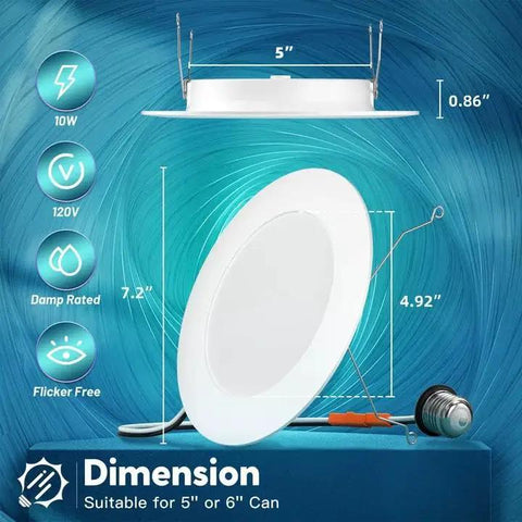 Pack Of Six 6 Inch Led Can Lights With Retrofit Recessed Setup Featuring Five Select Color Temps And Killer Brightness on a blue background showing dimensions.