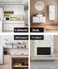 Four interior designs showing kitchen cabinets, bathroom sink, kitchen shelf support, and living room TV cabinet.