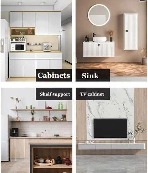 Interior view showing kitchen cabinets, a bathroom sink setup, shelf support with decorations, and a wall-mounted TV cabinet.