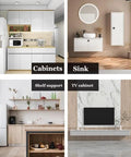 Kitchen and living room interiors featuring cabinets, sink, shelf support, and TV cabinet with decor elements.