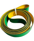 Yellow Green Nylon Base Belt For High Speed Conveyor Drive Flat Nylon Sheet Belt Beefy Heavy Duty Durable 610x15x2mm To 650x15x2mm Perimeter Low Elongation Oil Resistant Wear Resistant Industrial Conveyor Belt coiled on white background