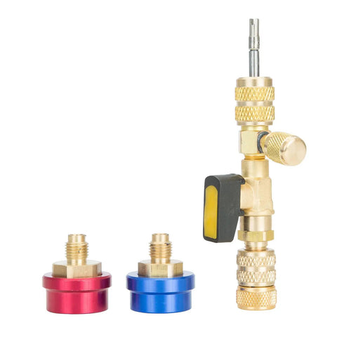 R134a HVAC Valve Core Removal And Installation Tool With Built In Ball Valve For No Gas Loss, tool with 13mm and 16mm ports