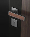 Indoor Room Door Lock With Wooden Handle And Silent Magnetic Latch Brushed Finish Lockset, close-up view