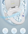 Slick Heated Bidet Toilet Seat Cover Auto Warm Wash Spray Dry Shield Waterproof Gentle Touch Replacement Lid with remote control and water.