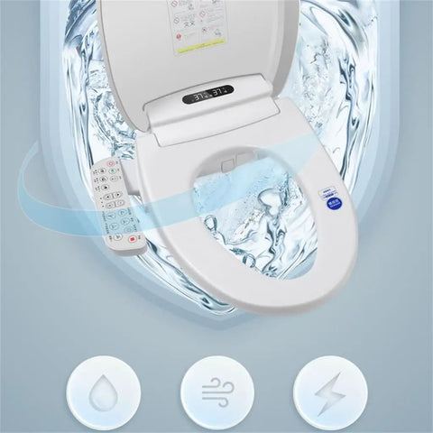 Slick Heated Bidet Toilet Seat Cover Auto Warm Wash Spray Dry Shield Waterproof Gentle Touch Replacement Lid with remote control and water.